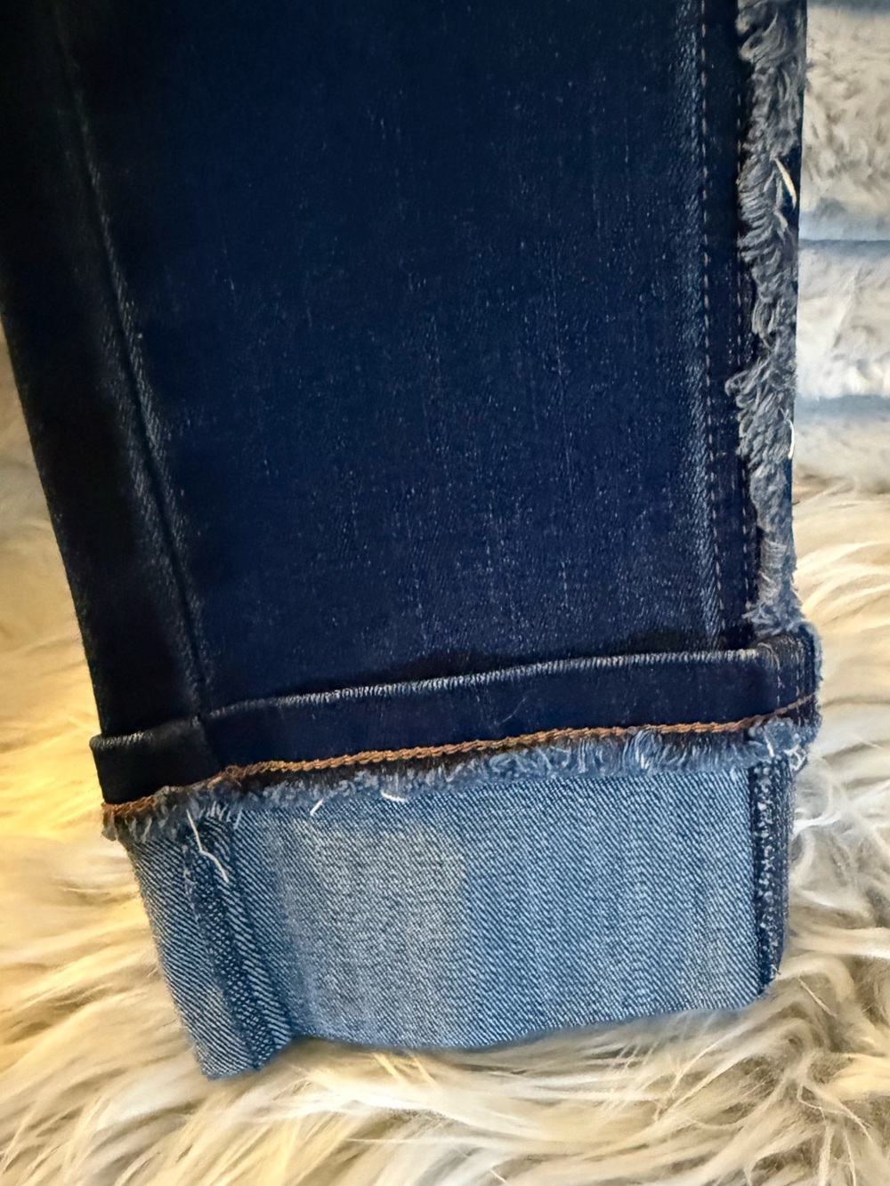 KARL LAGERFELD Dark Blue Distressed Denim Cropped Jeans with Frayed Side Trim. - Picture 5 of 8